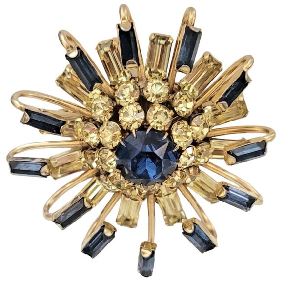 Kramer NY Gold Tone Blue Jonquil Prong Rhinestone Dimensional Starburst Pin K307 - Picture 4 of 14